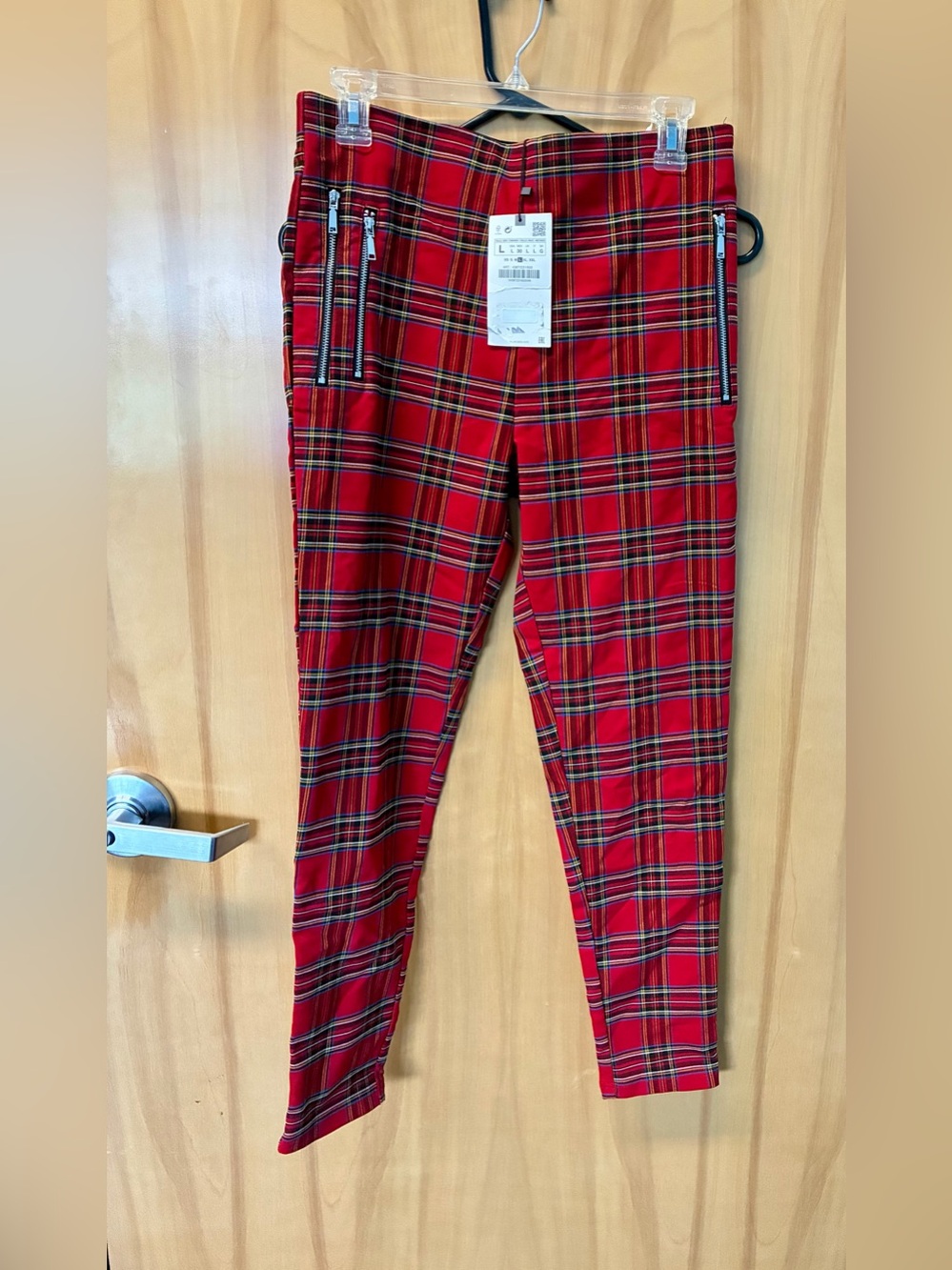 Zara Red Plaid Cropped Pants with Zip Details